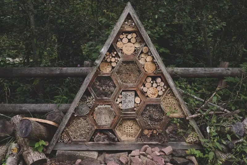 Grand hôtel à insectes en bois au bord d'un chemin