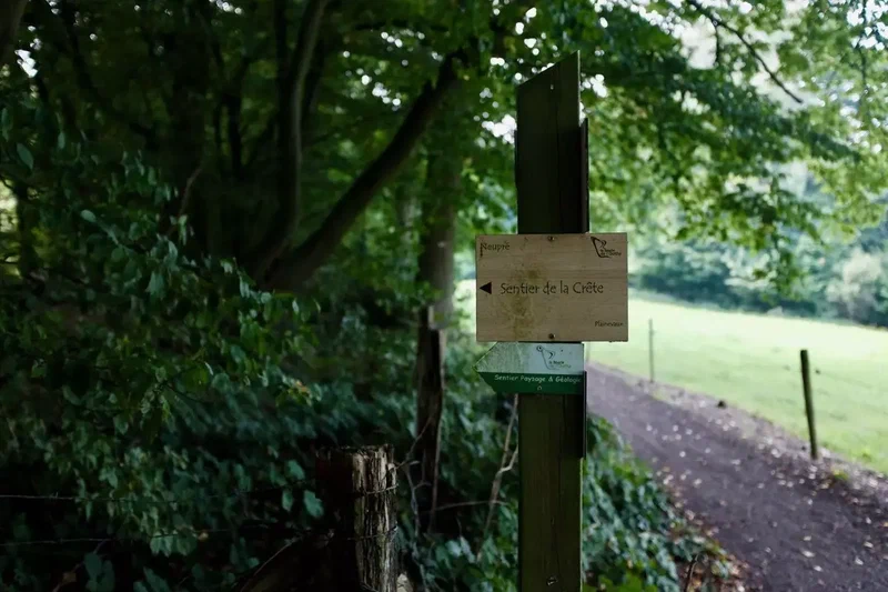 Panneau de randonnée cloué à un poteau en bordure de champ