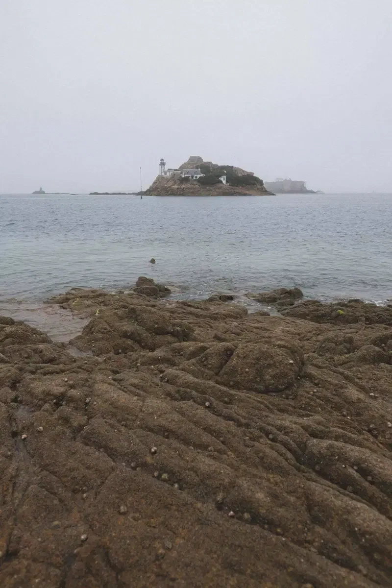 Île et petit fort au large, rochers au premier plan