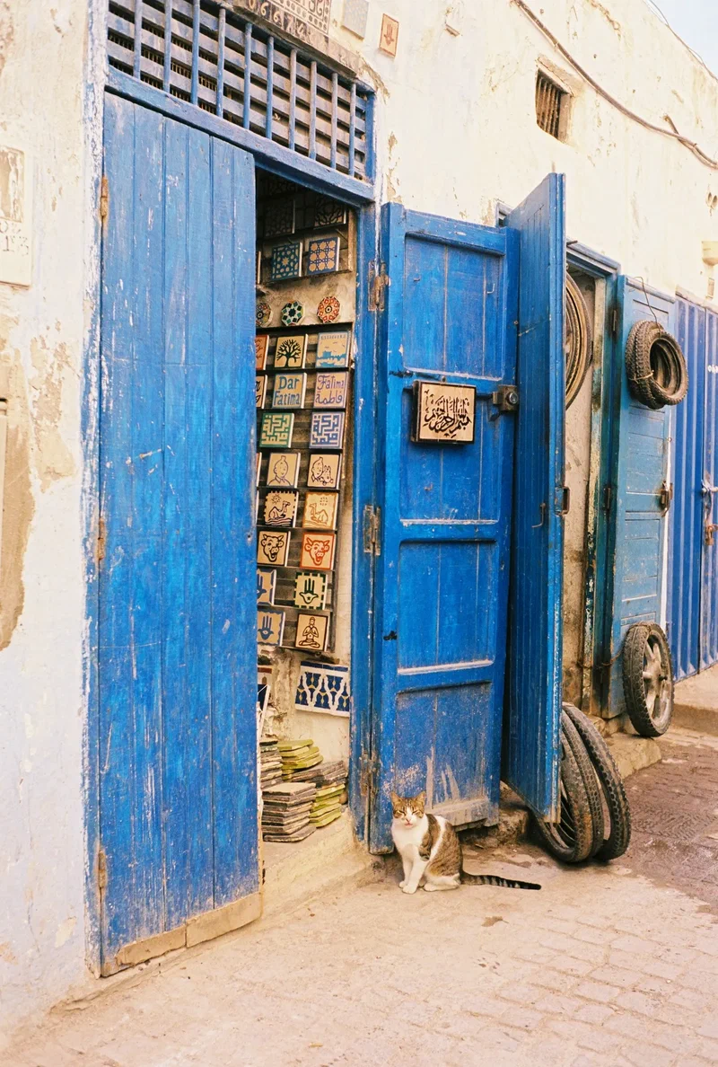Portes bleues d'une boutique dans la médina d'Essaouira