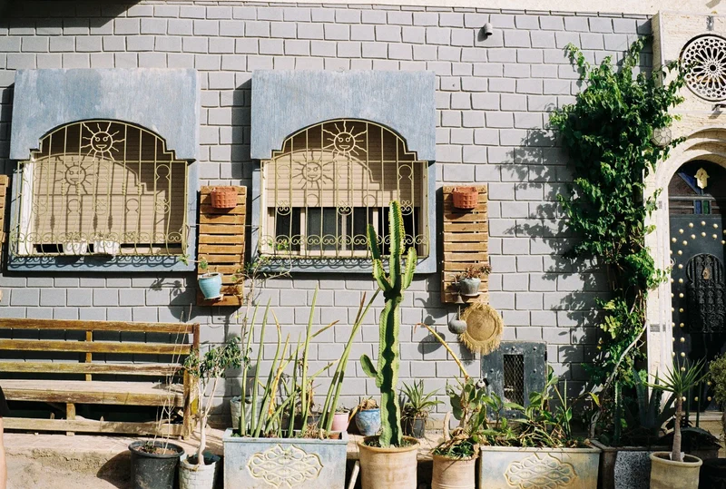 Façade grise aux fenêtres en fer forgé et plantes en pots