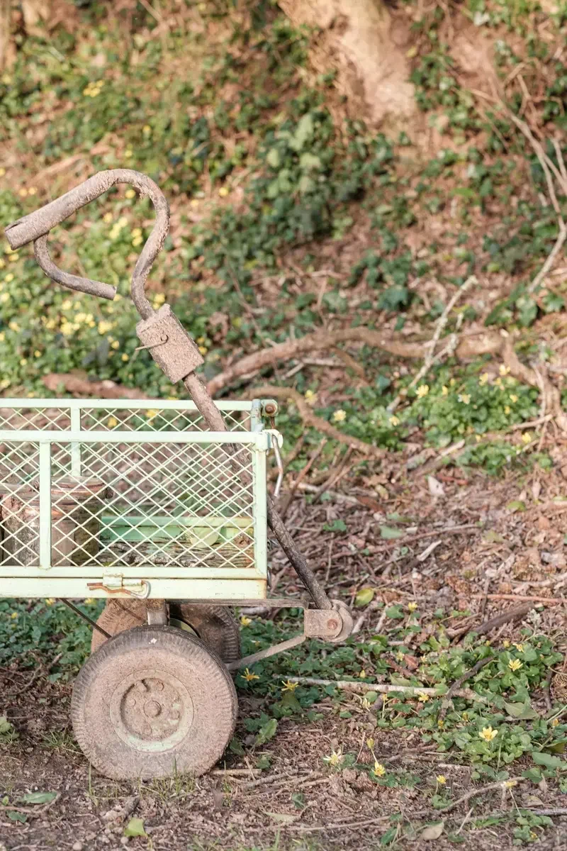 Chariot de jardin avec sa poignée, au pied d'un talus