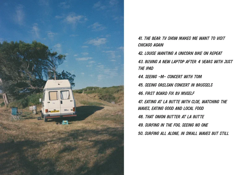 Spread of the 100 cool things zine with a camper van in the dunes