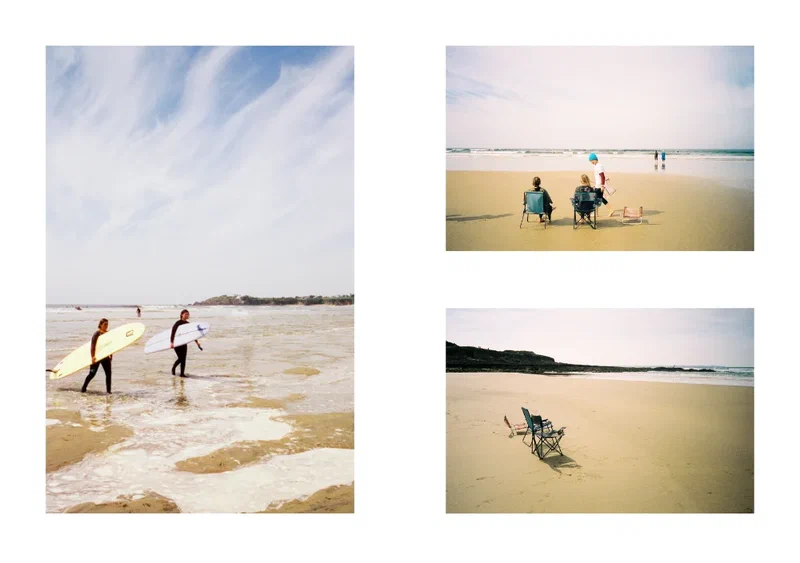 Spread of photos from the Gwidel Log Fest: surfers and beach chairs