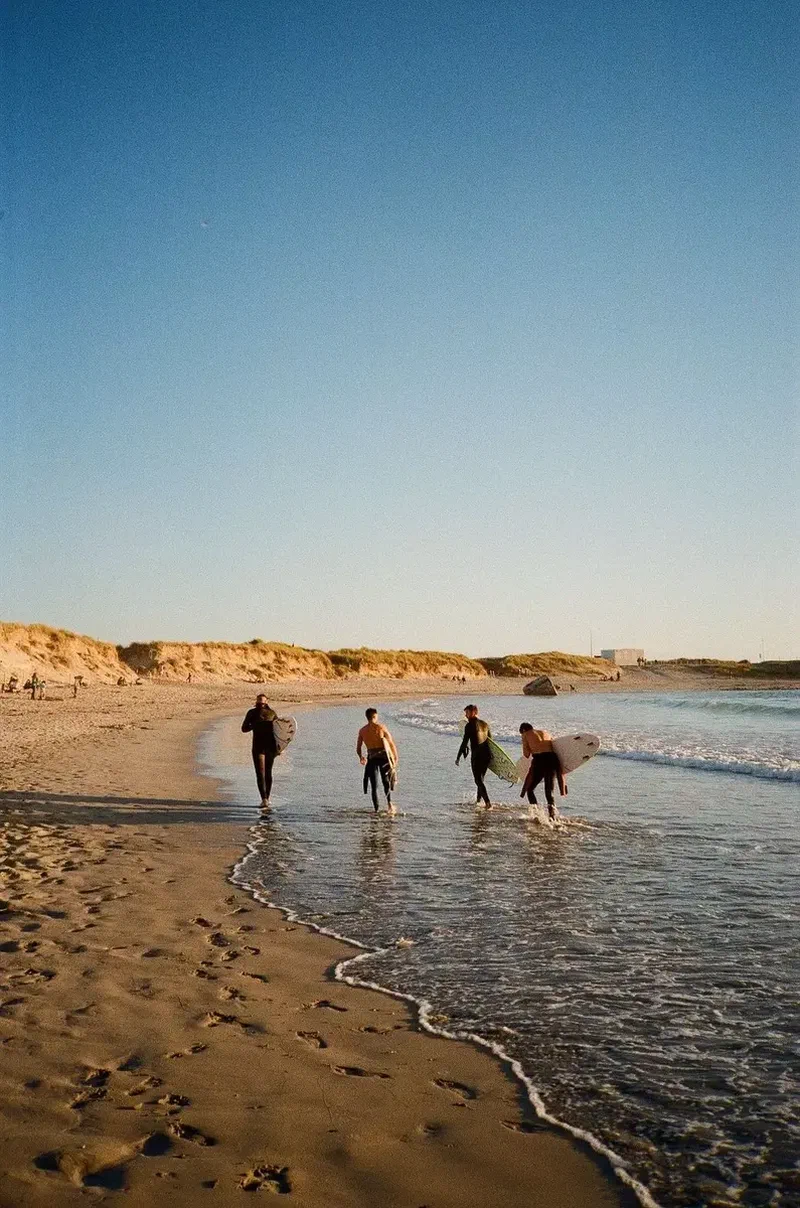 Groupe de surfeurs qui entrent dans l'eau